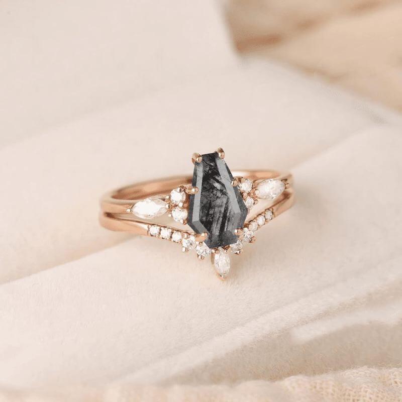 14K Gold Shield Cut Moissanite & Moss Agate Bridal Set-3