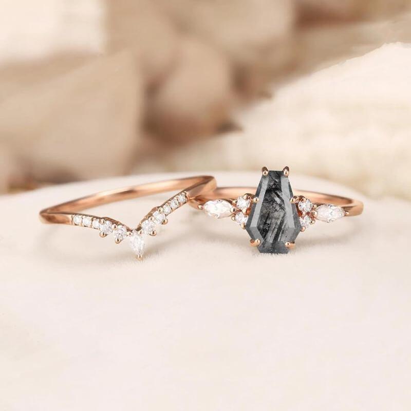 14K Gold Shield Cut Moissanite & Moss Agate Bridal Set-4