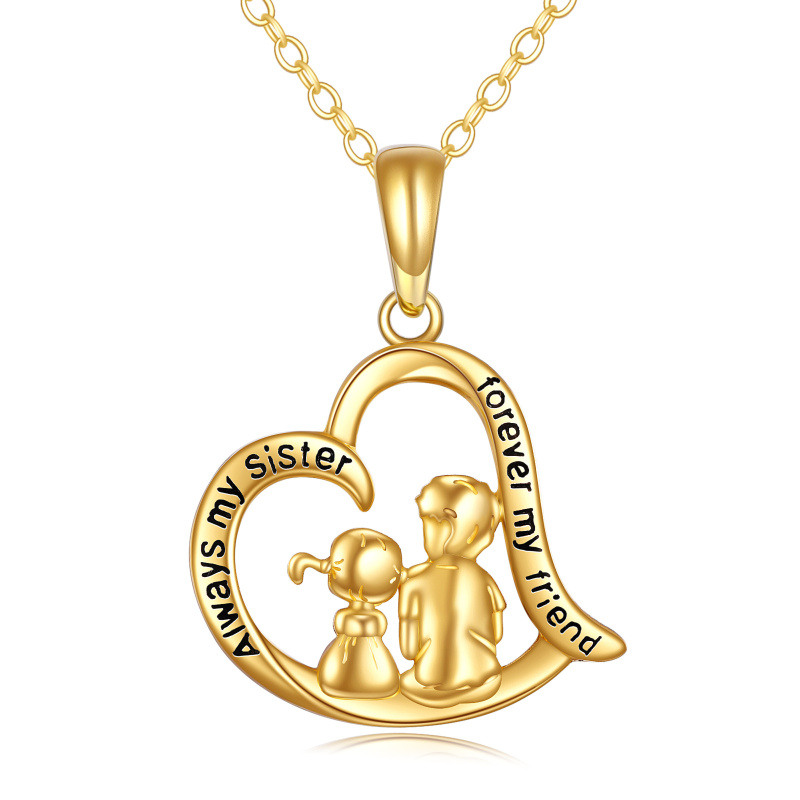 10K Gold Sisters & Heart Pendant Necklace with Engraved Word-1