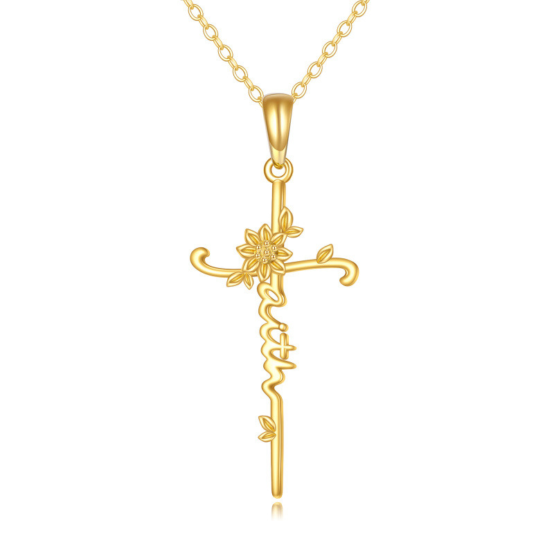 Collier pendentif tournesol et croix en or 18 carats avec inscription gravée-1
