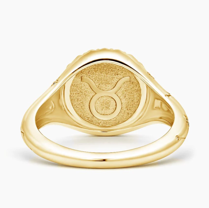 Anillo de sello de oro de 10 quilates con diamantes naturales redondos de 0,02 quilates de peso total (TW) del signo Tauro-3