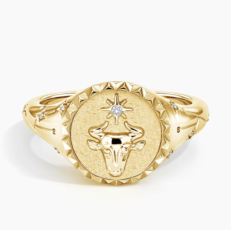 Anillo de sello de oro de 10 quilates con diamantes naturales redondos de 0,02 quilates de peso total (TW) del signo Tauro-1