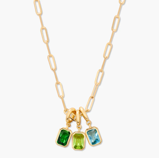 Collier en argent sterling plaqué or jaune avec chaîne trombone et trois pierres de naissance