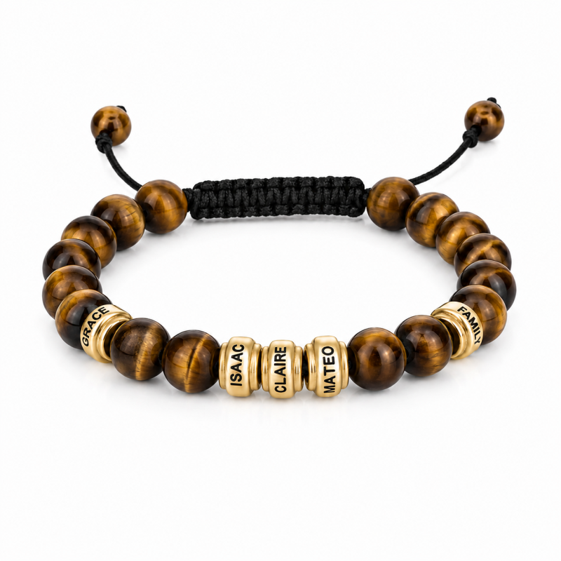10K Gold Tiger Eye Stone Engravable Metal Beads Bracelet for Men-1