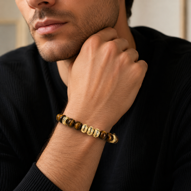 10K Gold Tiger Eye Stone Engravable Metal Beads Bracelet for Men-2