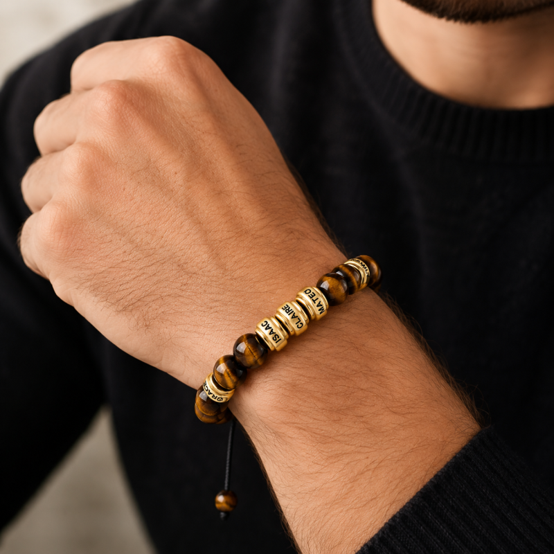 10K Gold Tiger Eye Stone Engravable Metal Beads Bracelet for Men-3