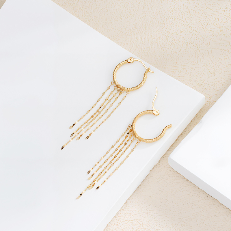 Boucles d'oreilles pendantes en chaîne à carreaux en or 14K-3