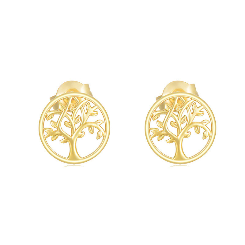 18K Gold Tree Of Life Stud Earrings-1