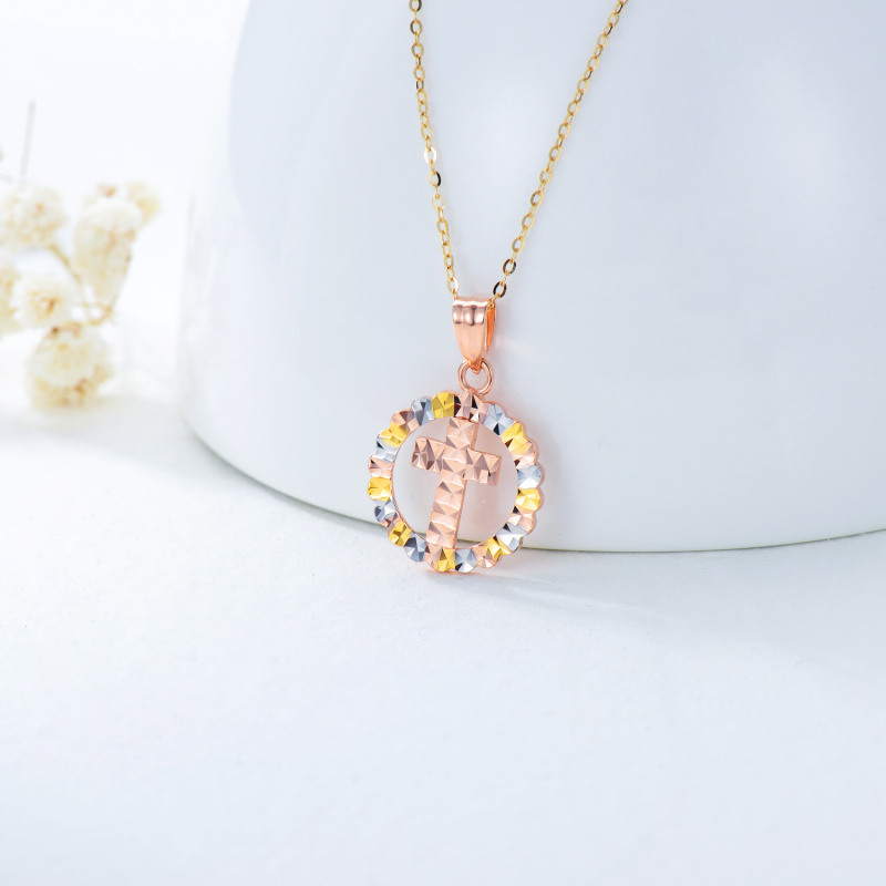 Collier à pendentif croix tricolore en or 18 carats pour femme-3