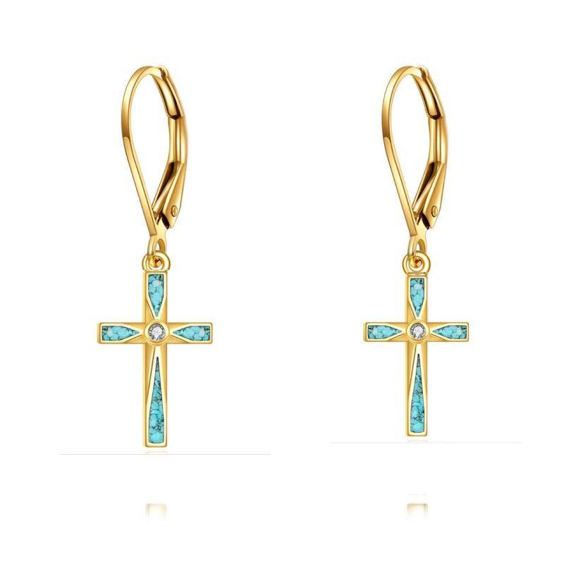 Pendientes colgantes de cruz de turquesa y oro de 10 quilates-1