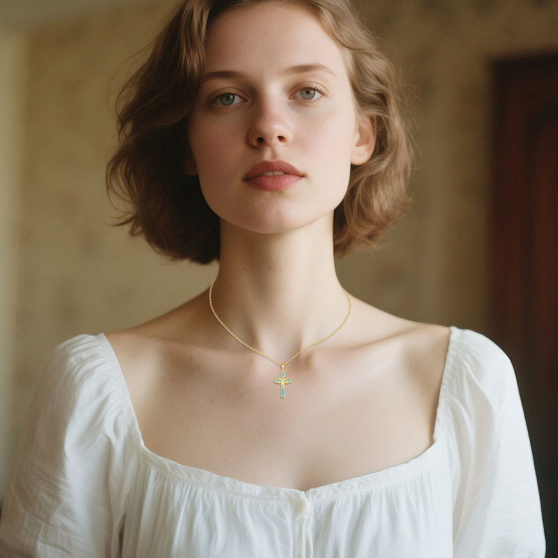 Collier avec pendentif en or 14K représentant une croix turquoise et un symbole de l'infini-2
