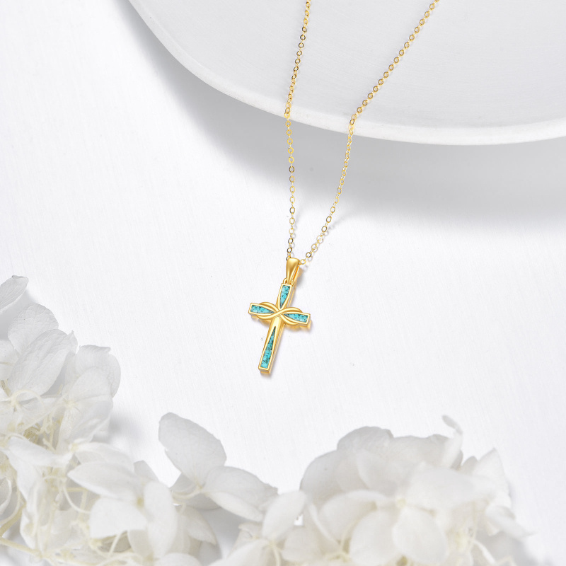 Collier avec pendentif en or 14K représentant une croix turquoise et un symbole de l'infini-4