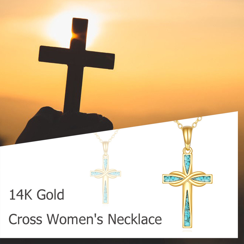 Collier avec pendentif en or 14K représentant une croix turquoise et un symbole de l'infini-5