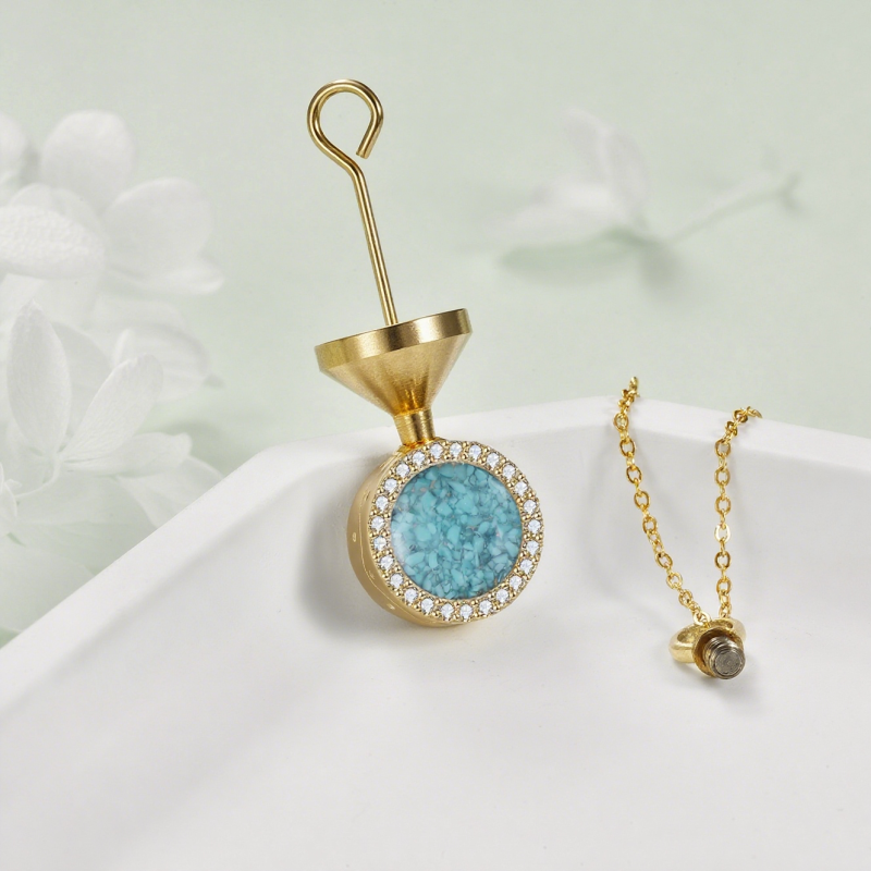 Collier urne rond en or 14K et turquoise pour cendres-3