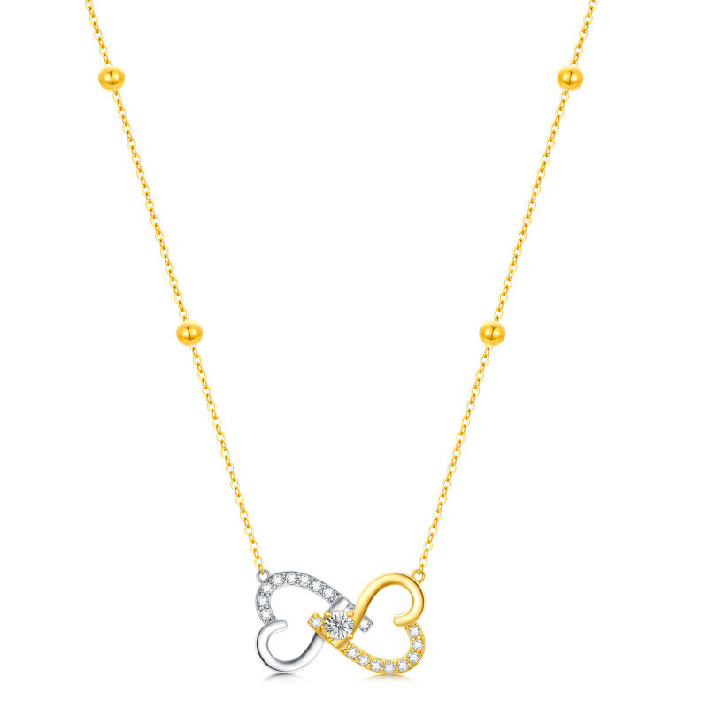 Collar con colgante de corazón circular bicolor de circonita cúbica en oro de 14 quilates para mujer-1