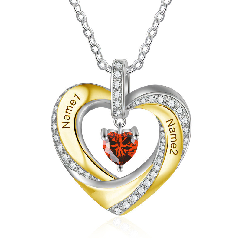 18K Gold Two-tone Cubic Zirconia Personalized Birthstone and Name Heart Pendant Necklace-1