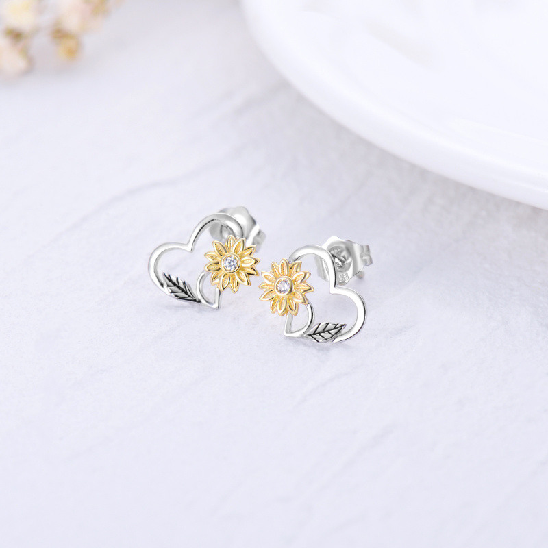 18K Gold Two-Tone Cubic Zirconia Sunflower Stud Earrings For Women-3