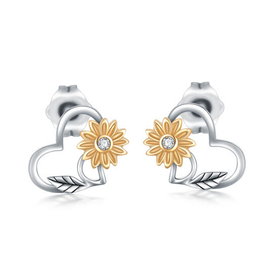 Pendientes de tuerca de girasol con circonita cúbica de dos tonos de oro de 14 quilates para mujer
