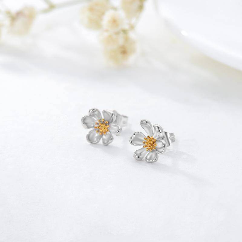 Aretes con forma de margarita en dos tonos de oro de 9 quilates para mujer-3