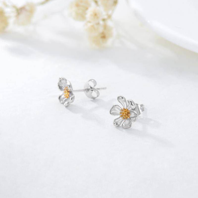 Aretes con forma de margarita en dos tonos de oro de 9 quilates para mujer-4
