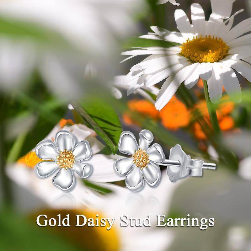 Aretes con forma de margarita en dos tonos de oro de 9 quilates para mujer-6