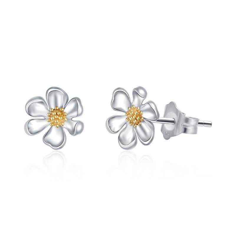 Aretes con forma de margarita en dos tonos de oro de 9 quilates para mujer-1