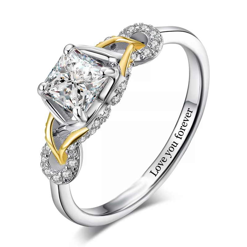 Zweifarbiger quadratischer Ehering aus 10 Karat Gold mit Moissanit und personalisierter Gravur für Frauen-6