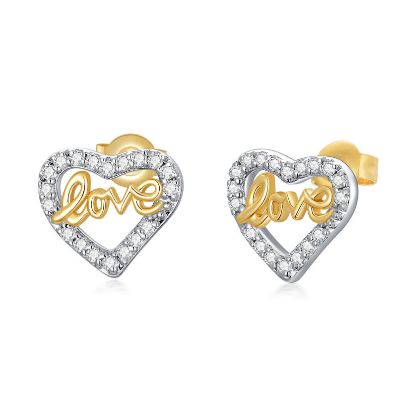 Pendientes de botón en forma de corazón de moissanita bicolor en oro de 14 quilates para mujer-1