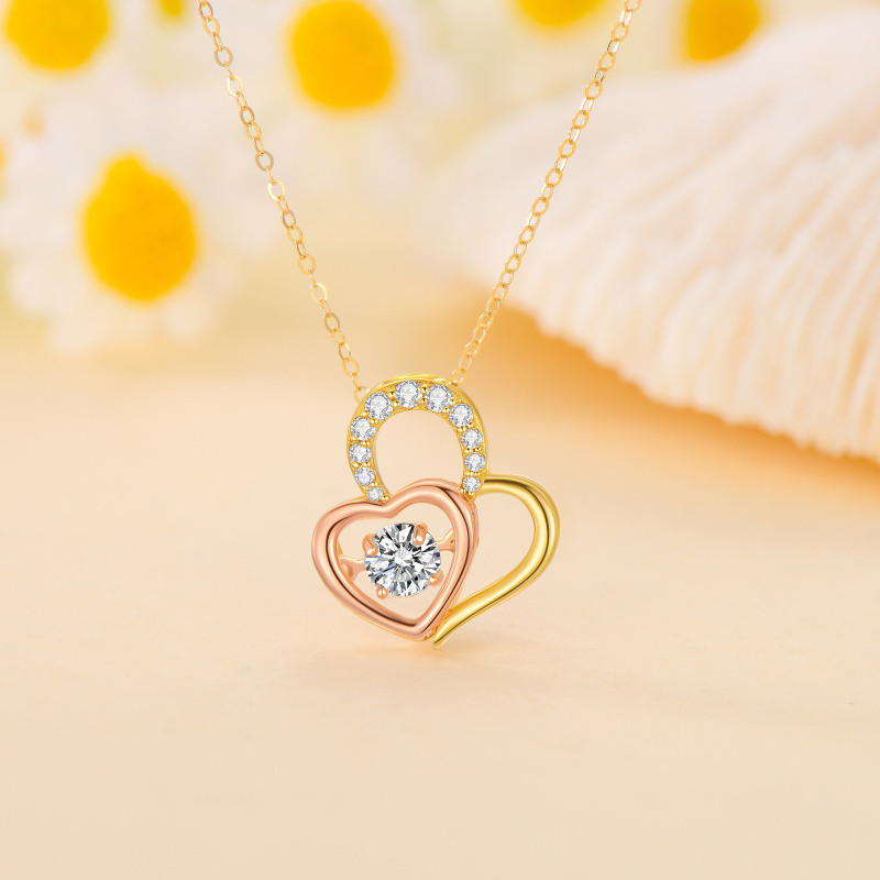 Collier personnalisé en or 14 carats avec pierre de naissance bicolore en moissanite et cœur pour couple-3