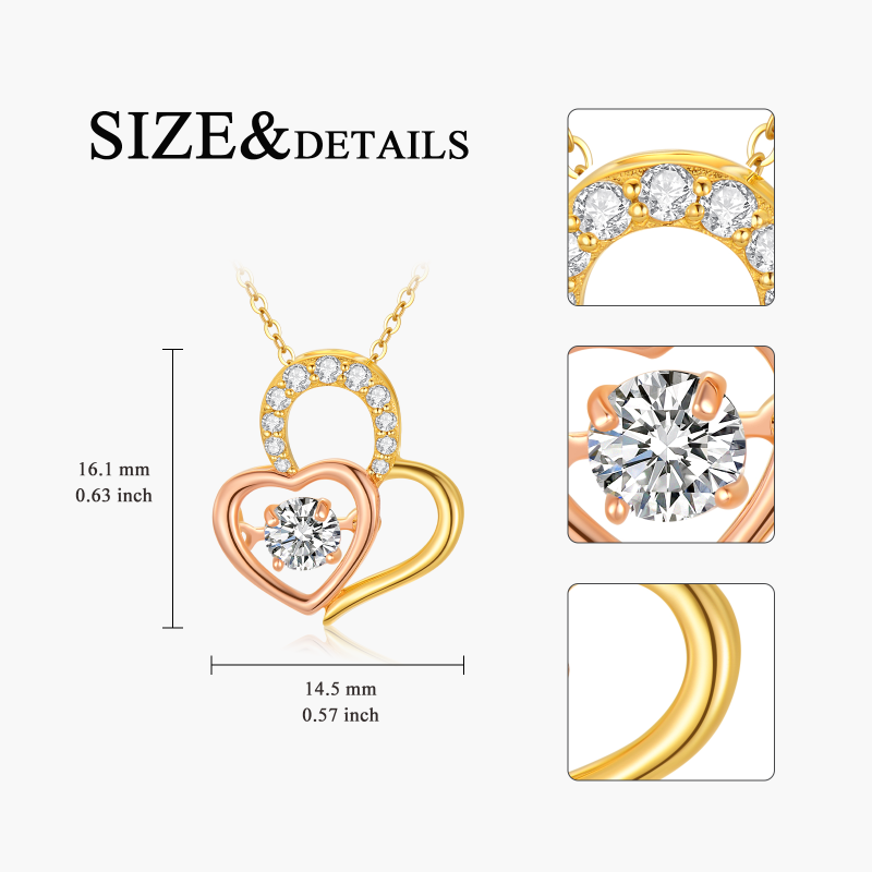 Collier personnalisé en or 14 carats avec pierre de naissance bicolore en moissanite et cœur pour couple-5