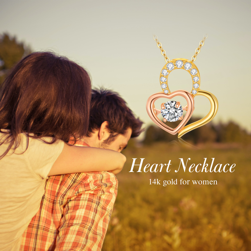 Collier personnalisé en or 14 carats avec pierre de naissance bicolore en moissanite et cœur pour couple-6