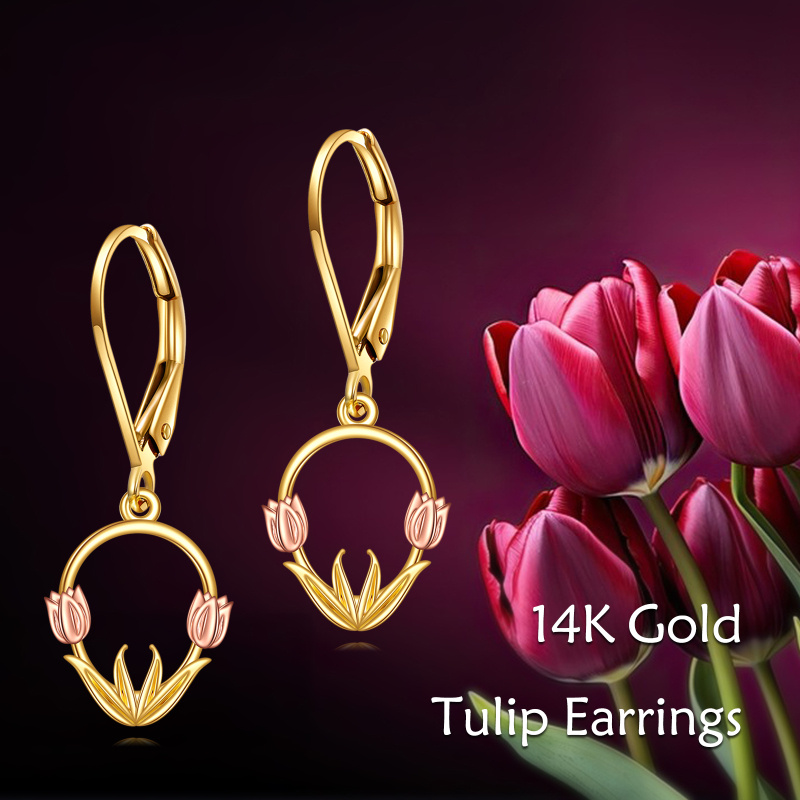 Pendientes de oro de 14 quilates con tulipanes en dos tonos y cierre de palanca para mujer-6