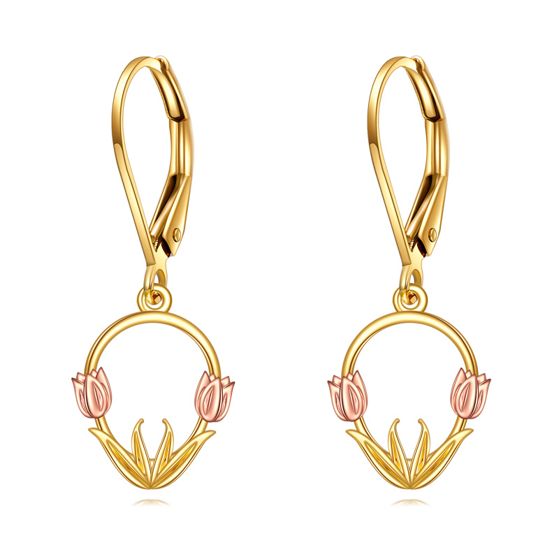 Pendientes de oro de 14 quilates con tulipanes en dos tonos y cierre de palanca para mujer-1