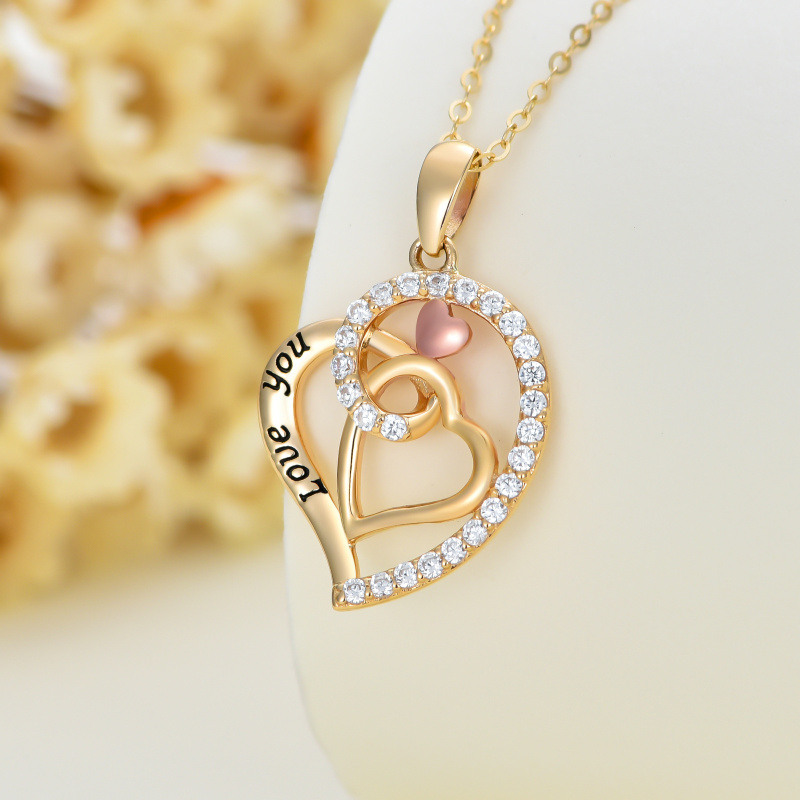 Collar con colgante de corazón de circonio de dos tonos de oro de 14 quilates con palabra grabada para mujer-3