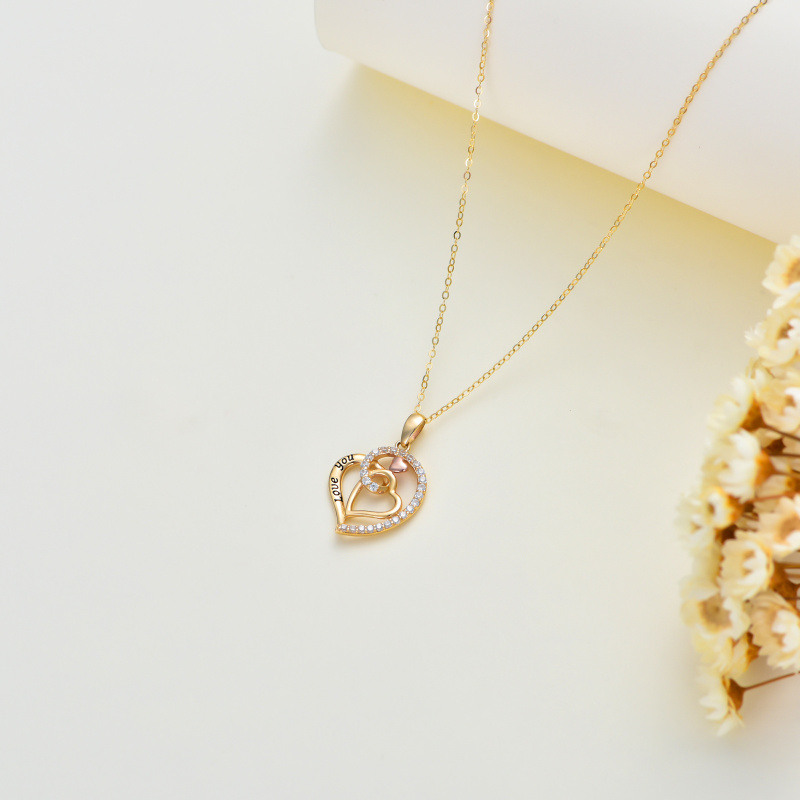 Collar con colgante de corazón de circonio de dos tonos de oro de 14 quilates con palabra grabada para mujer-4