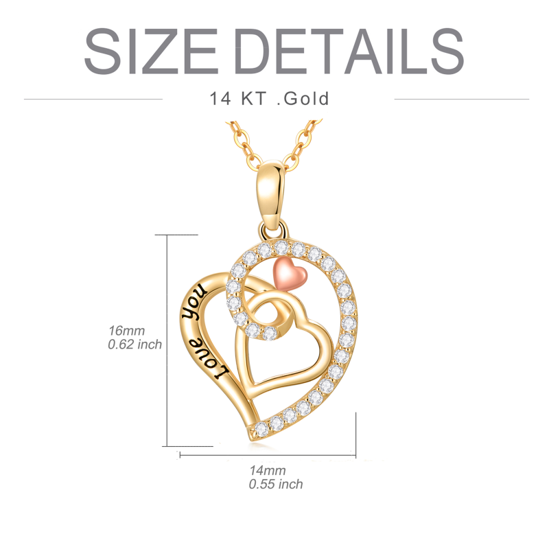 Collar con colgante de corazón de circonio de dos tonos de oro de 14 quilates con palabra grabada para mujer-5