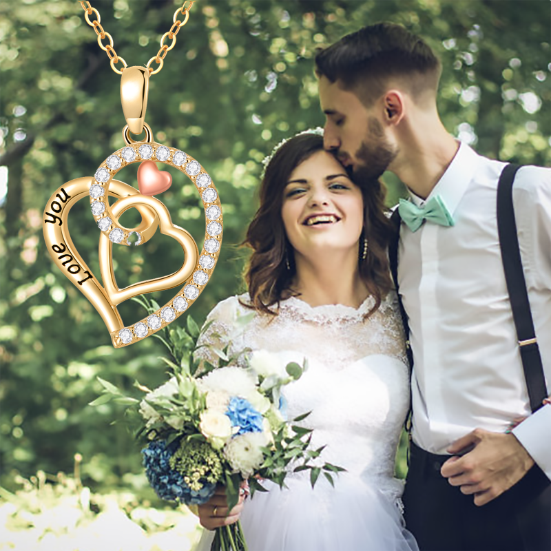 Collar con colgante de corazón de circonio de dos tonos de oro de 14 quilates con palabra grabada para mujer-6