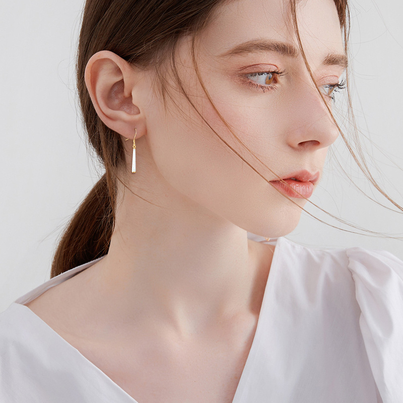 18K Gold White Opal Bar Drop Earrings-2