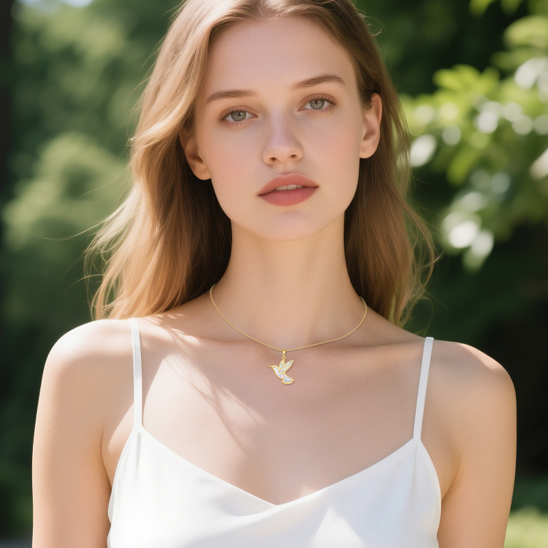 18K Gold White Opal Hummingbird Pendant Necklace-2