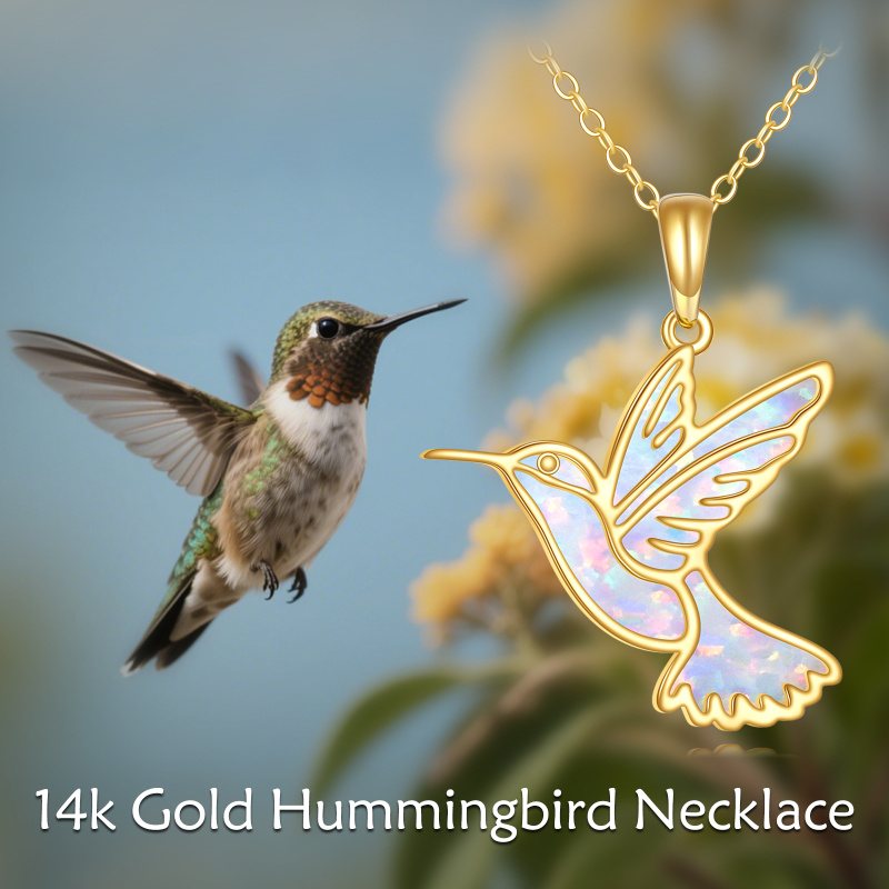 18K Gold White Opal Hummingbird Pendant Necklace-5