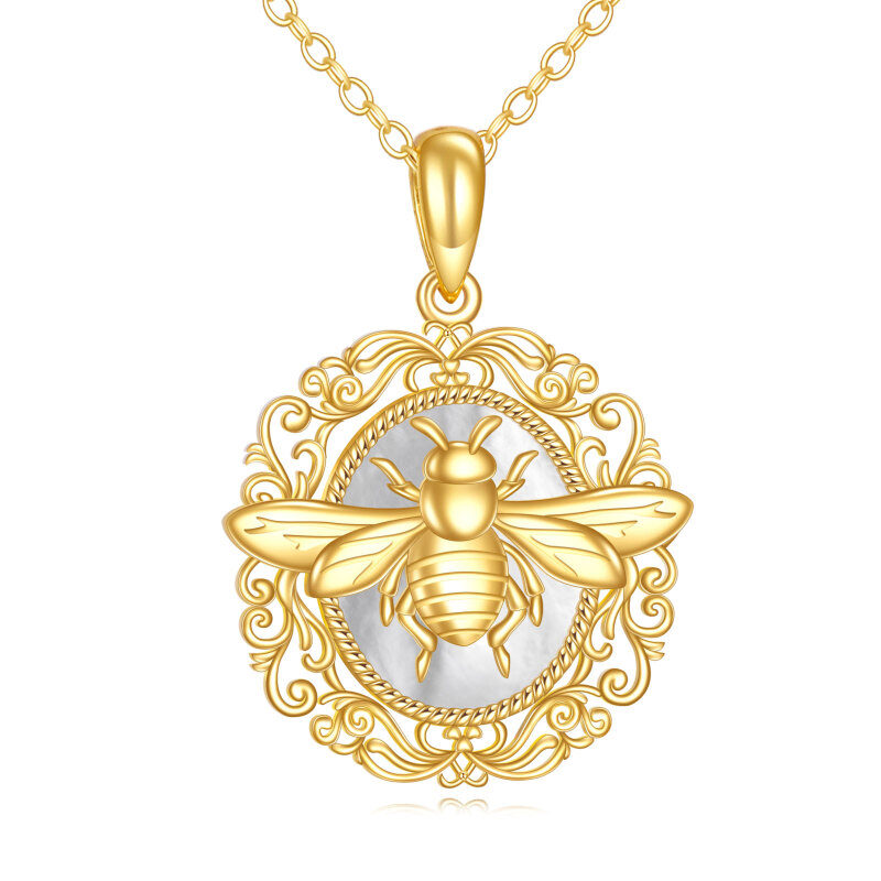 Halskette mit Anhänger in Form einer Biene aus weißer Muschel, 18 Karat Gold-1