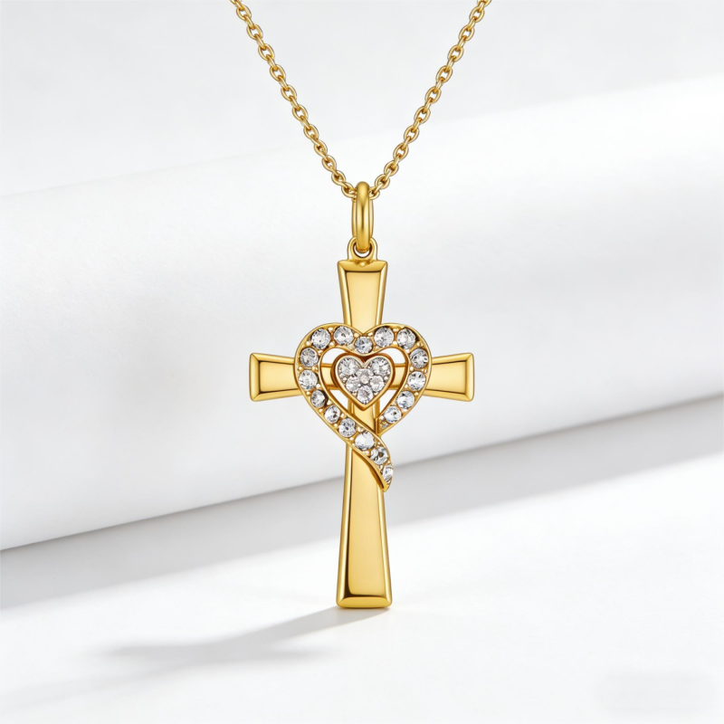 Halskette aus 10-karätigem Weißgold mit Moissanit-Kreuz- und Herzanhänger-3