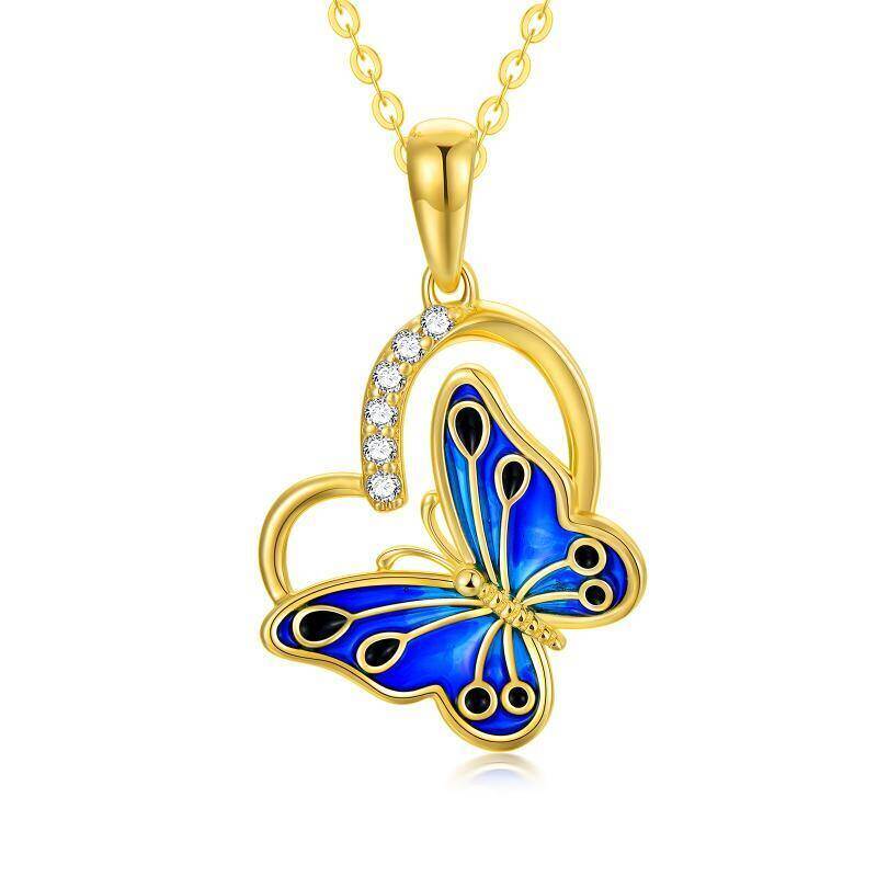 10K Gold Zircon Butterfly Pendant Necklace-1