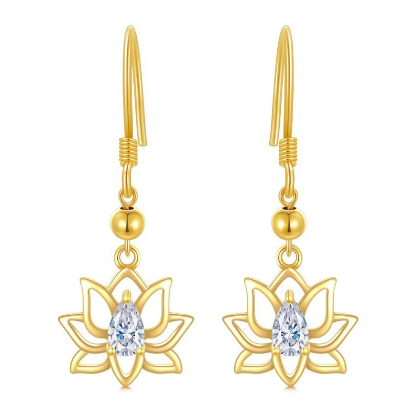Boucles d'oreilles pendantes en or 10 carats et zircon, en forme de lotus-1