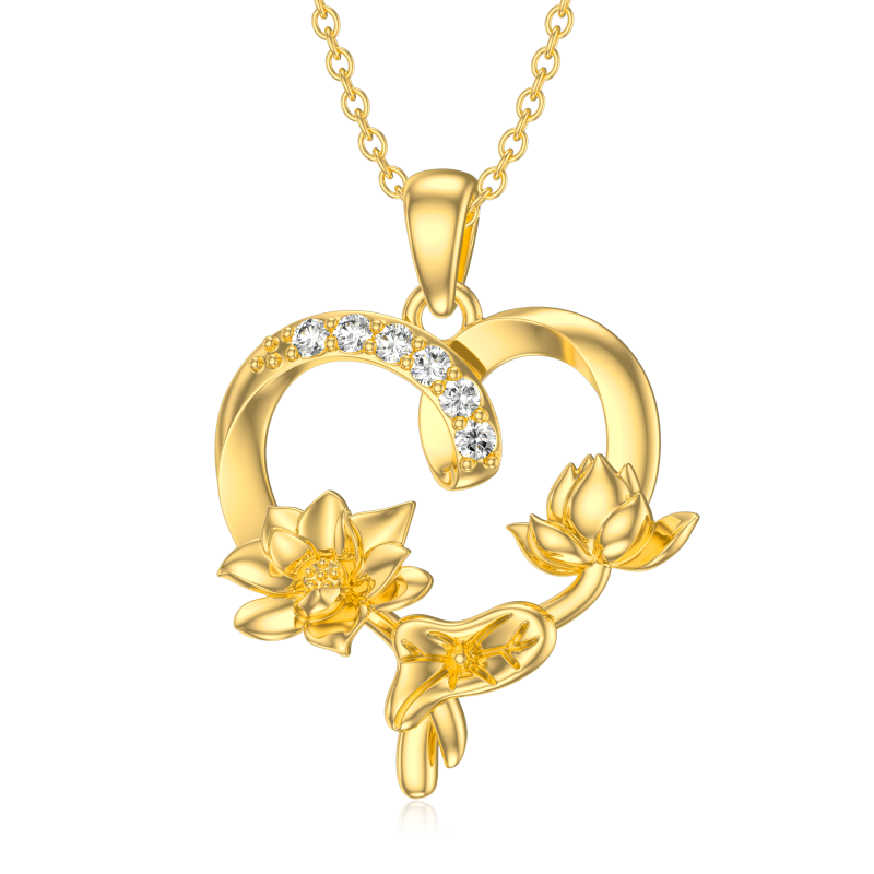 Collar con colgante de loto de circonio de oro de 10 quilates para mujer-10