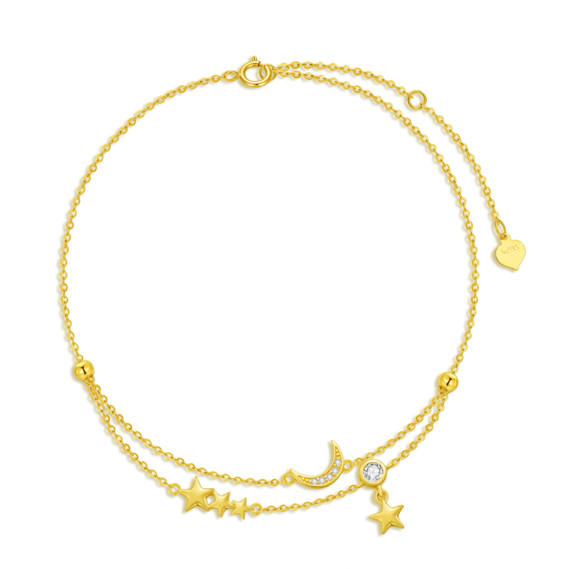 Mehrlagiger Fußkettchen aus 10-karätigem Gold mit Zirkon-Mondmotiv-1
