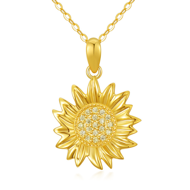 10K Gold Zircon Sunflower Pendant Necklace-1