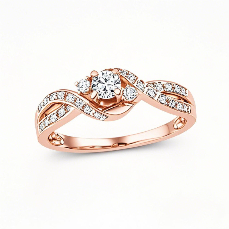 Anillo de compromiso de oro rosa de 10 quilates con diamante de laboratorio de 0,16 quilates en total, diseño de tres piedras, color D, pureza VVS1-VS1, certificado por IGI.-1