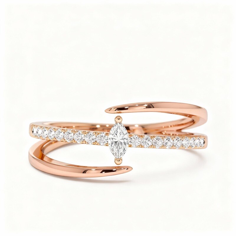 Anillo abierto personalizado de oro rosa de 14 quilates con diamantes de laboratorio talla marquesa de 0,23 ct. Color D, claridad VVS, pureza 3EX.-1