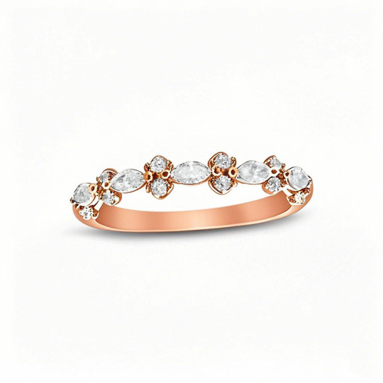 Anillo de boda personalizado con diamantes de corte redondo y marquesa, oro rosa de 10 quilates, 0,5 CTW, color D, pureza VVS1, 3EX